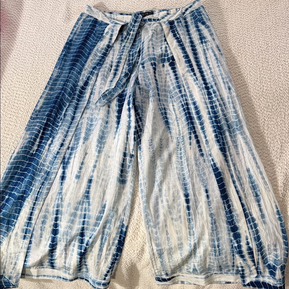 Lafayette 148 New York Wrap Around Tie-Dye Blue Pants Silk/Cotton - size 8